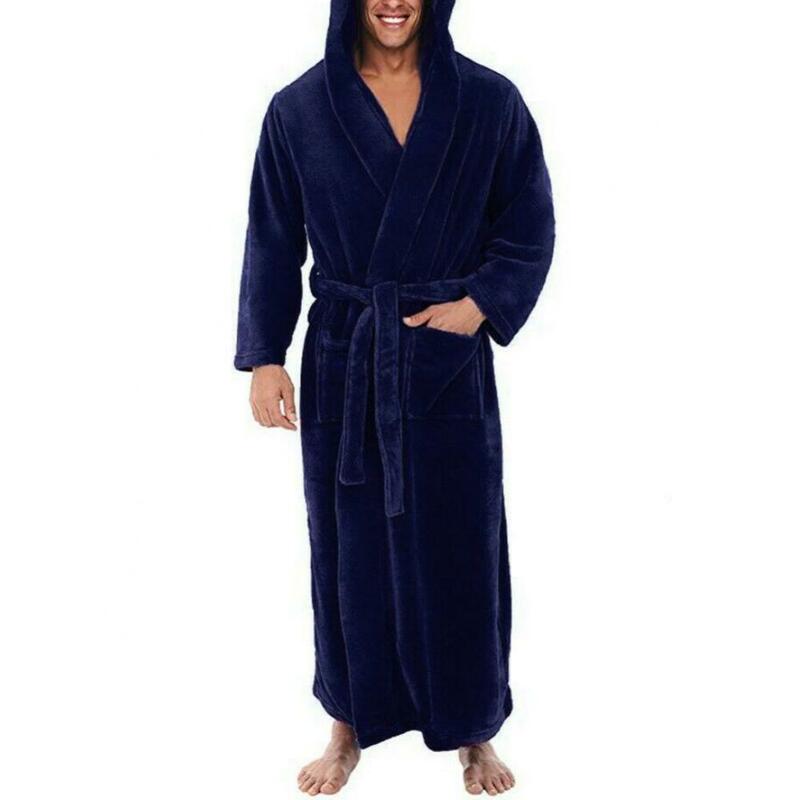 Pockets Belt Male Robe Bathrobe Soft Plush Luxurious Men's Hooded with Adjustable Ultra Absorbent with Plush Solid
