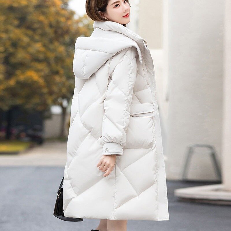 Jaket panjang hangat wanita, mantel parka tebal bertudung versi setengah panjang longgar S-2XL Musim Dingin 2023