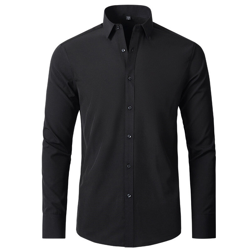 Camisa informal de negocios de manga larga para hombre, camisas de vestir ajustadas de Color sólido, sin hierro, ligera elasticidad, talla grande