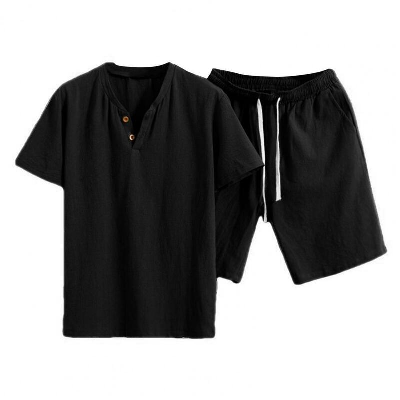 Conjunto de ropa deportiva informal para hombre, Camiseta con cuello en V, pantalones cortos con cordón elástico, traje de Color sólido para el hogar