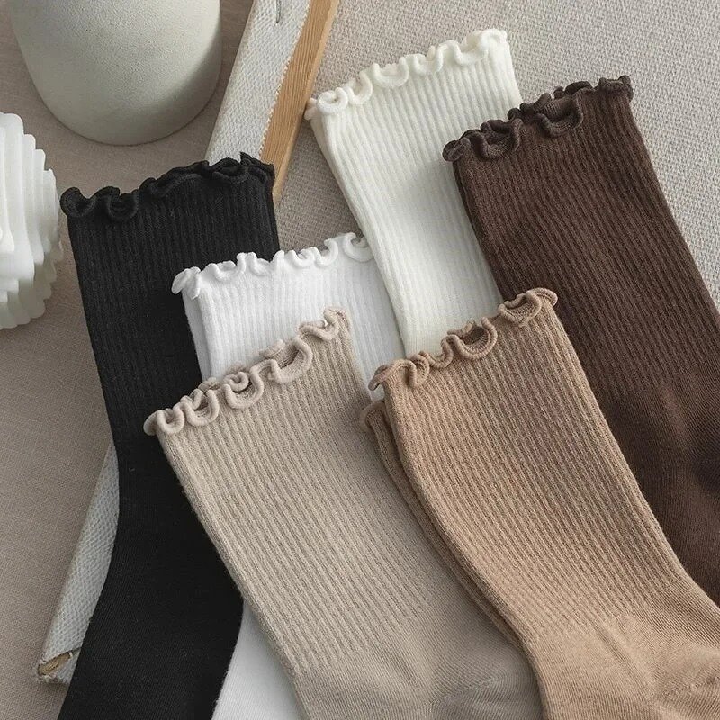 Calcetines tobilleros de algodón con volantes para mujer, medias cortas de tubo medio, transpirables, color blanco y negro, primavera y otoño, lote de 3 pares