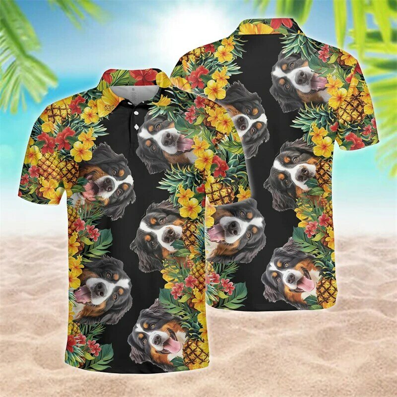 Happy Dog atasan Polo motif nanas 3D pria, baju atasan lengan pendek hewan peliharaan lucu untuk pria