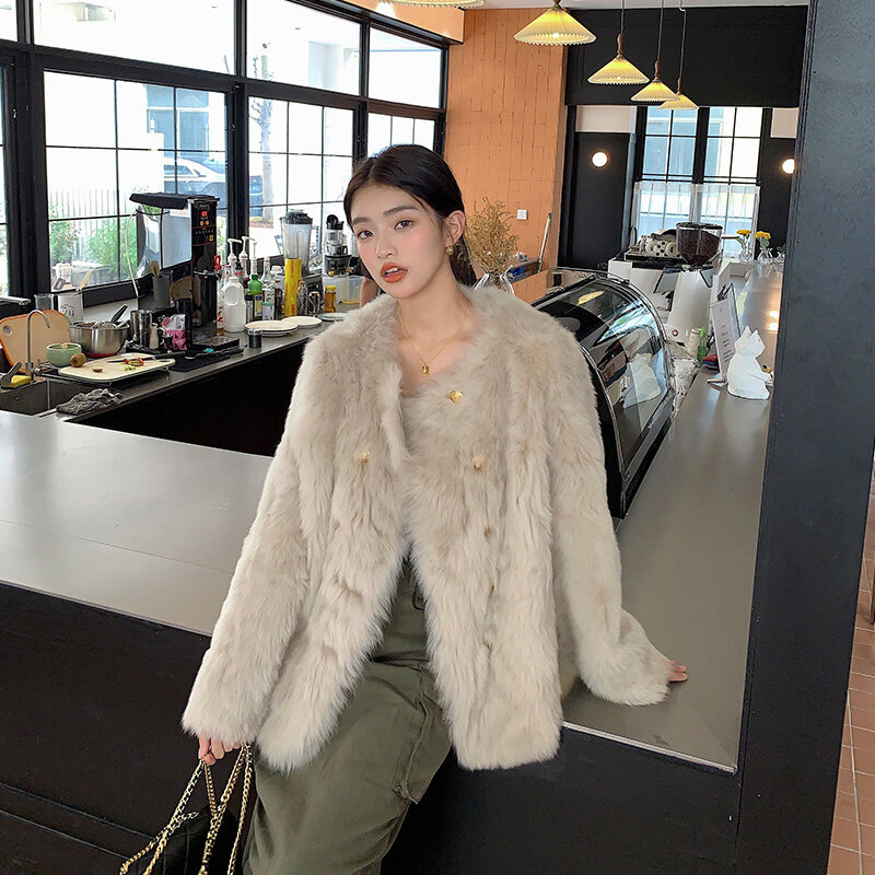 Fur Coat Women's Solid Color Short Loose Fashion Casual Retro Light Luxury Lamb Wool Double Breasted Integrated roundNeck Jacket