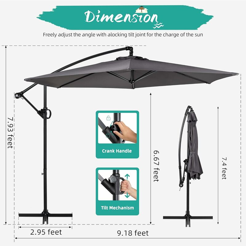 Parapluie en porte-à-faux avec réglage d'inclinaison facile, extérieur, simple, luxe, 4 pièces, décalage, support de marché