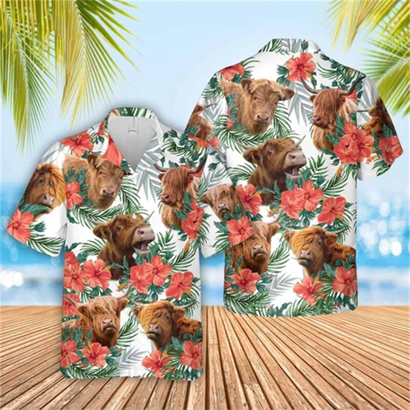 Kemeja bunga untuk pria Animel 3d kaus pantai pria, kemeja motif Hawaii lengan pendek 6xl modis