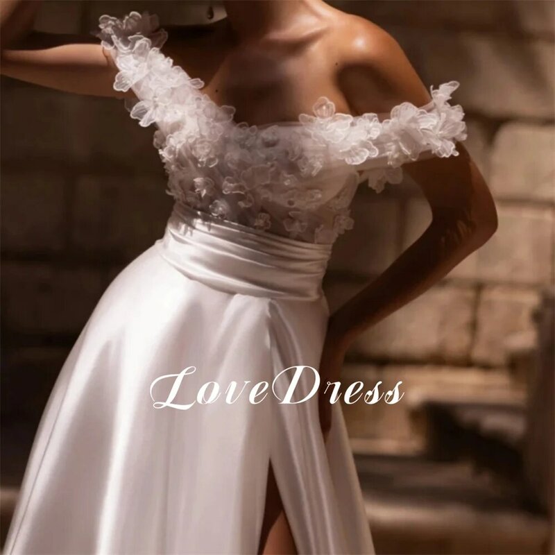 Amor-Vestidos de casamento sem costas com fenda lateral alta, flor 3D, fora do ombro, mancha a linha, vestidos de noiva de renda, elegantes