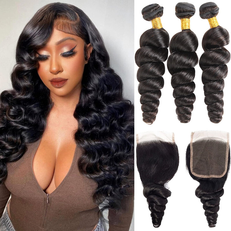 Loose Wave Human Hair Bundles With Closure 5x5 Lace Closure Brazilian Hair Weave Extensions With Closure 4x4 Remy Natural Color