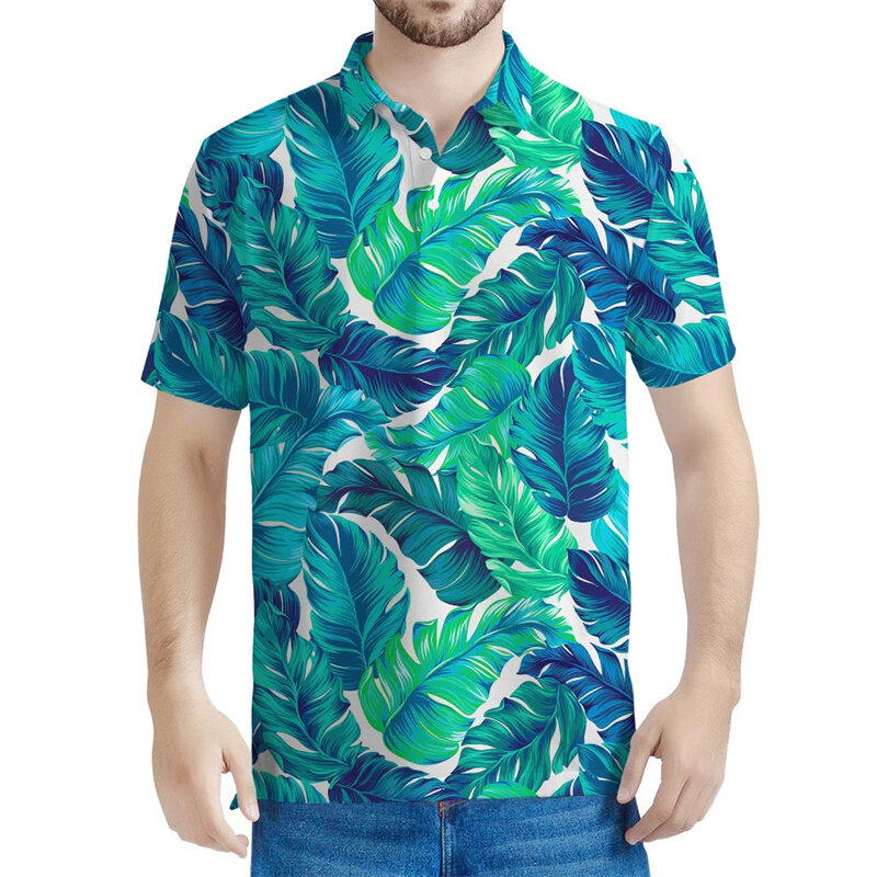 Kaus Polo grafis daun tropis warna-warni, kaus atasan bercetak 3d kasual dengan kancing lengan pendek, Kaus musim panas ukuran besar