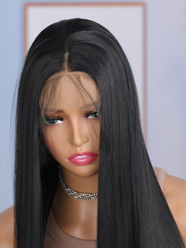 Synthetic Lace Front Wig For Black Women Long Straight Middle Part Wig 28 inches High Temperature Black Cosplay Wigs