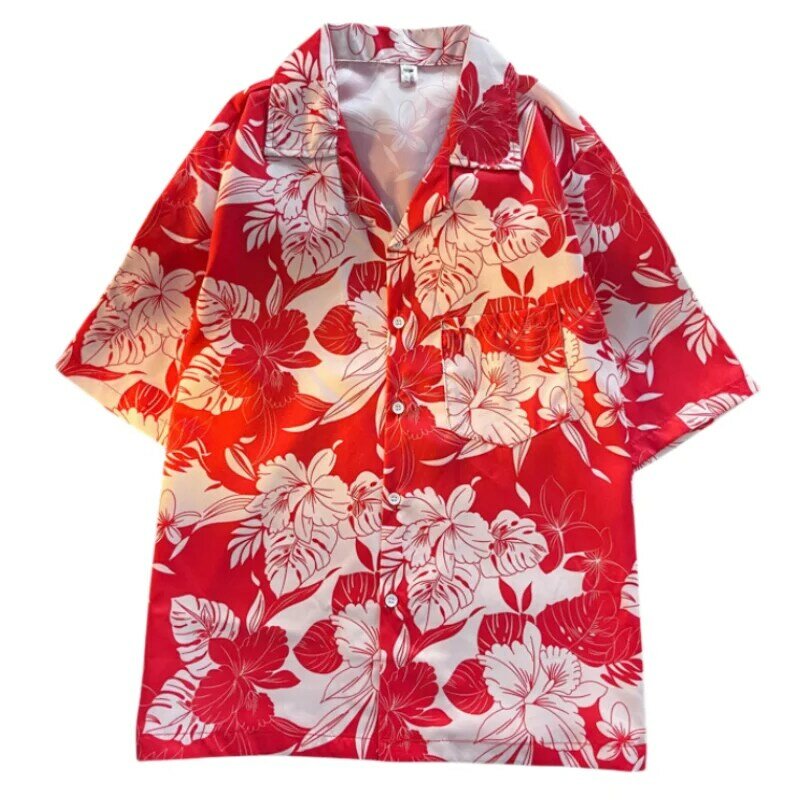 Camisa estampada floral de manga curta masculina, casaco vintage, casual para férias na praia, encaixe solto, gola flip, moda verão