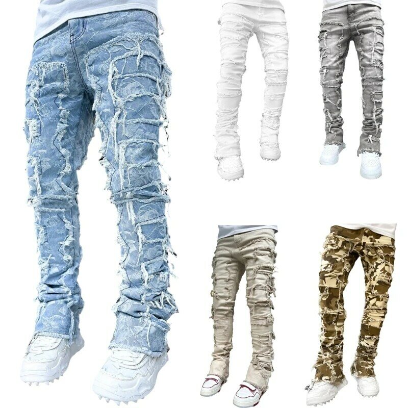 بنطلون جينز مكدسة للرجال E15E ، جينز ممزق مناسب ، سروال دينيم مستقيم مدمر ، بنطلون هيب هوب قديم ، ملابس شارع