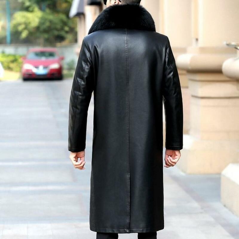 Jaqueta de couro forrada a lã masculina, corta-vento de lapela única com bolsos, jaqueta masculina elegante, bolso inclinada, outono e inverno