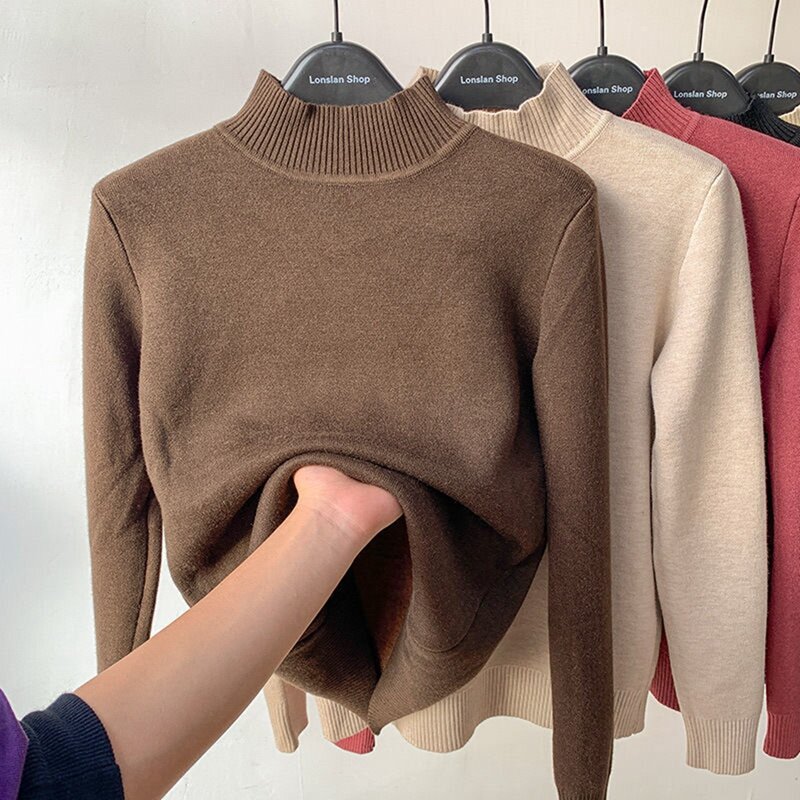 Sweter damski z golfem zimowy ciepły, ocieplony Plus aksamitne swetry z dzianiny dzianinowe bluzki z długim rękawem koreańskie