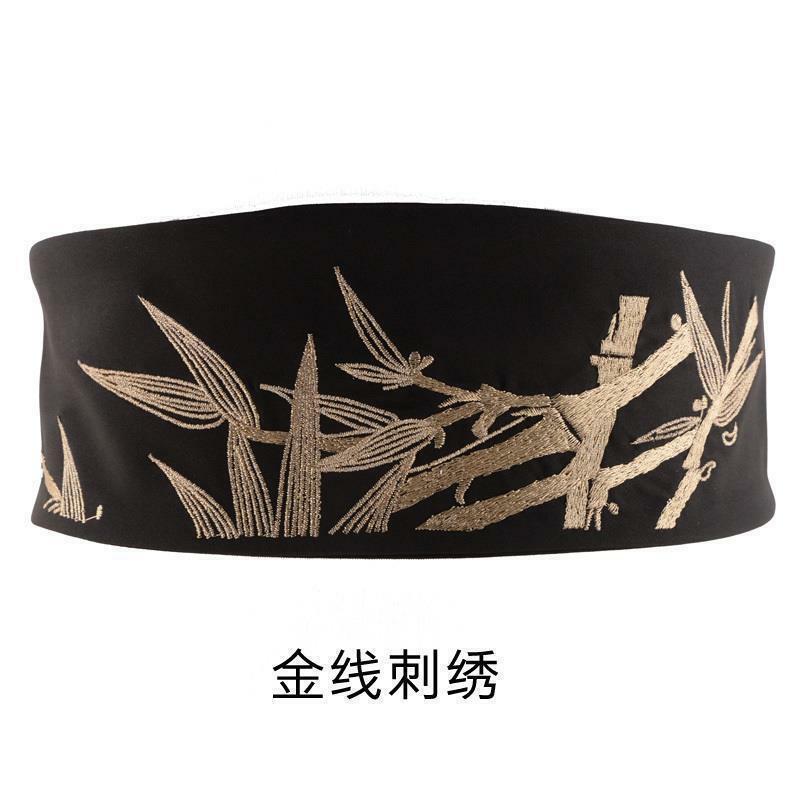 Estilo chinês requintada cintura bordada para mulheres, padrão folha de bambu, ampla cummerbund, acessórios decorativos hanfu, 1pc