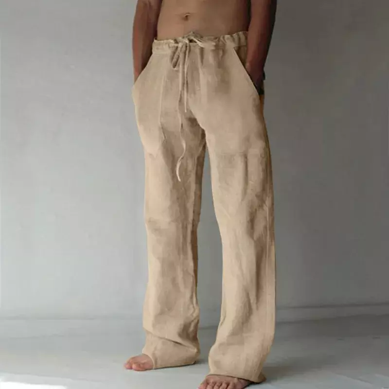 Calça de linho de algodão respirável masculina com elástico na cintura, monocromática, casual, verão, nova, 2022