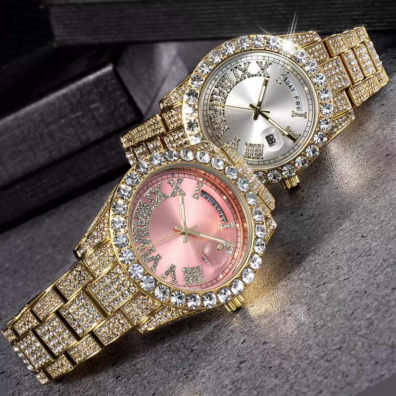 Orologio da uomo placcato oro 18 carati Hip Hop Iced Out orologi da uomo orologio da polso da donna al quarzo con diamanti Aaa di lusso femminile doppio calendario relogio