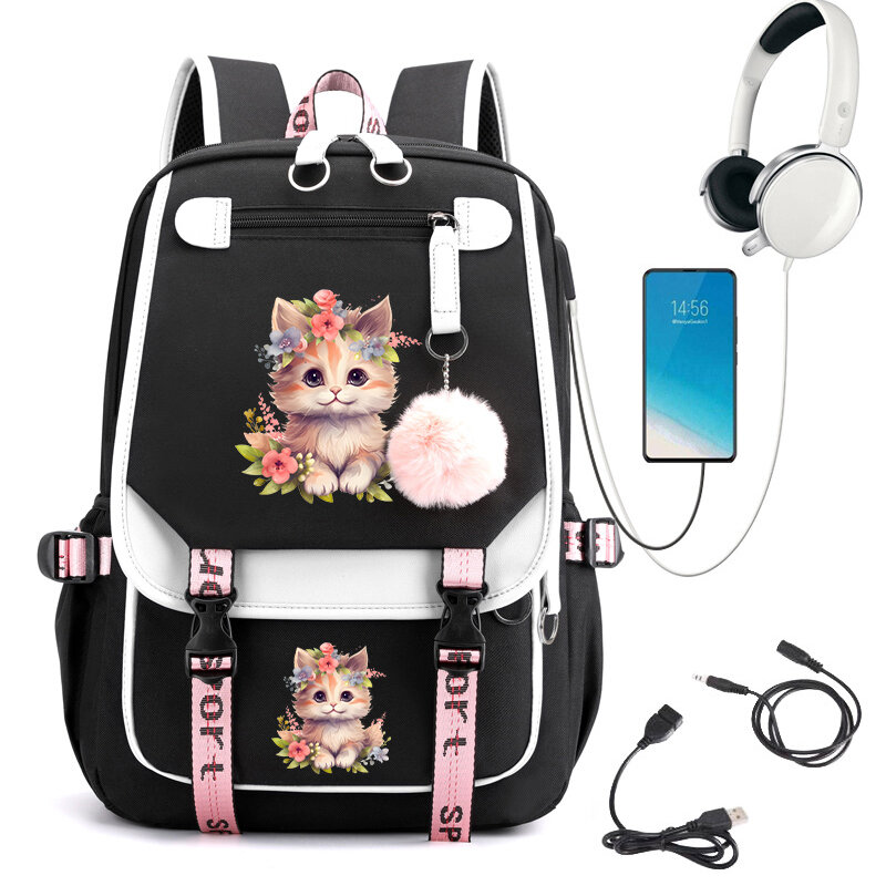 Mochila escolar dos desenhos animados para meninas, alta capacidade, flor bonito, gato, gráfico, bolsa de volta para a escola, bagpacks USB