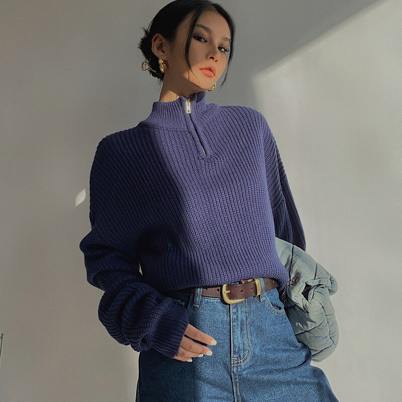 Casual Vintage niebieski luźny zamek z kołnierzem swetry na długi rękaw kobiet moda Streetwear 2023 jesienno-zimowa swetry damskie