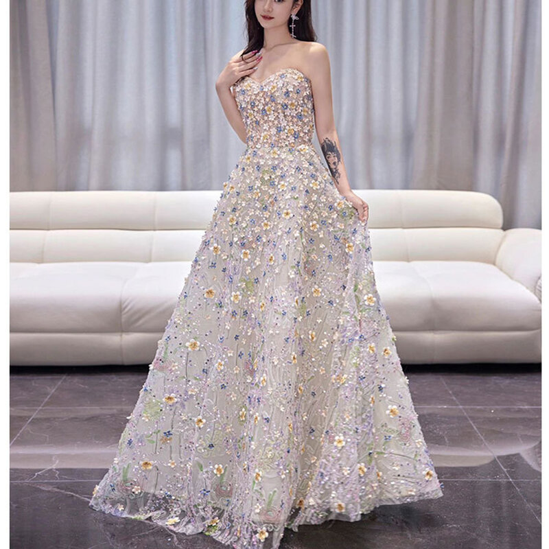New Design A Line Women Evening Dresses Floral Fashion Prom Birthday Party Gowns Formal robes de soirée