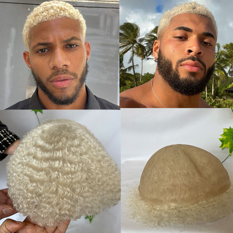 Parrucche per capelli umani per uomo 100% Human Remy Hairpiece System #60 capelli bianchi biondi più leggeri colore 6mm Afro Curl 8x10 Full Lace Toupe