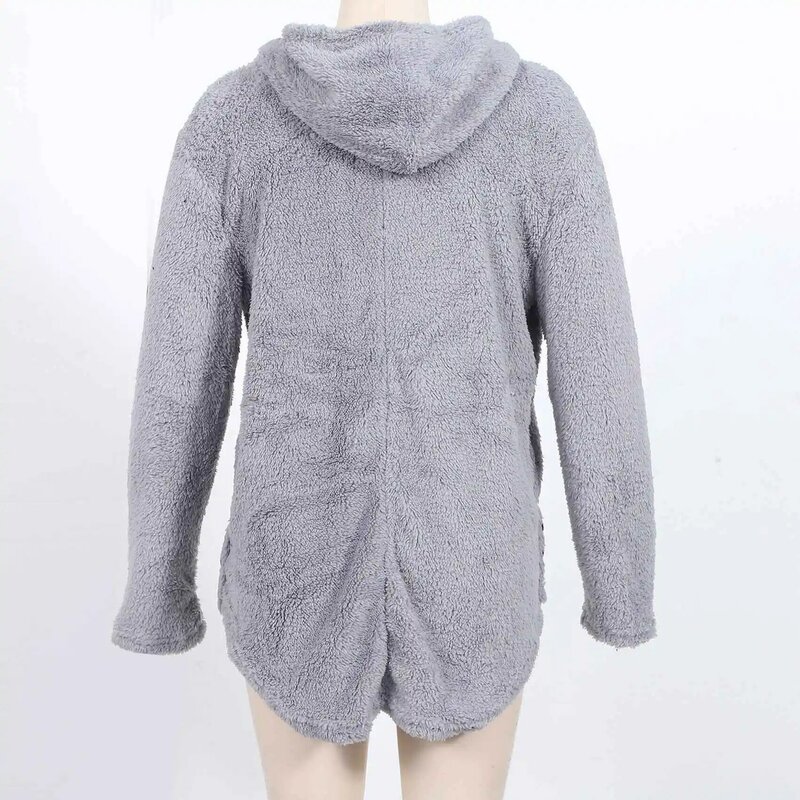 Manteau en peluche à capuche pour femme, bouton surdimensionné, cardigan tendance, vêtements d'extérieur, veste d'hiver, gris XL