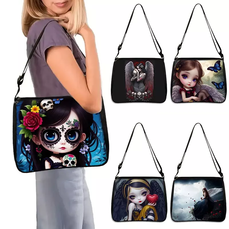 Gothic Girls Skull Print Shoulder Bag Women Handbags for Travel Angel With Broken Wing Messenger Bag Phone Holder Crossbody Bags