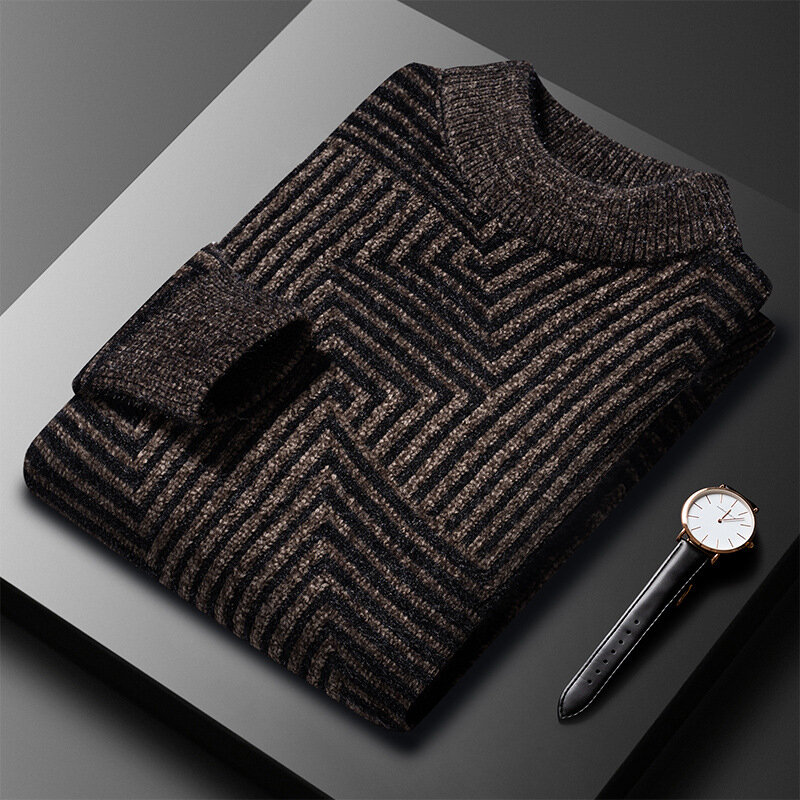 Autumn and Winter Knitted Thickening Sweater Young and Middle-Aged Half Turtleneck Chenille Mink Keep Warm Elastic Sweater Men