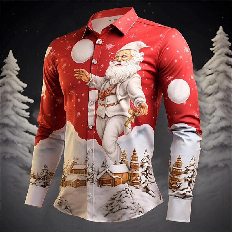 산타 클로스 축제 셔츠, 3D 프린트, 크리스마스, 긴 소매 셔츠, 파티 셔츠, 캐주얼 패션, 남성 의류, 핫 세일