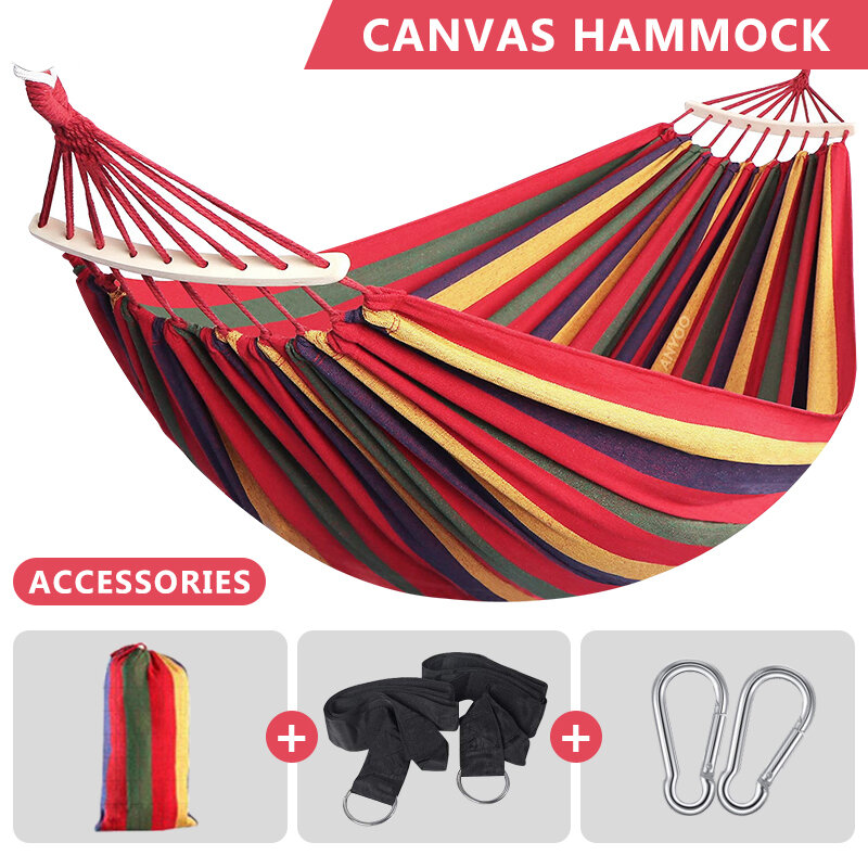 Outdoor Canvas Camping Hammock, 2 Pessoas, Bend Wood Stick, Hamak constante, Garden Park Swing, cadeira de suspensão, Hangmat, 250x150cm