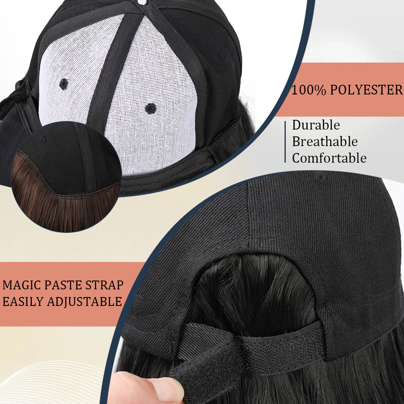 Czapka z daszkiem z przedłużaniem włosów odporna na ciepło syntetyczna 10 Cal regulowana krótka prosta Bob peruka w kapeluszu dla kobiet na co dzień