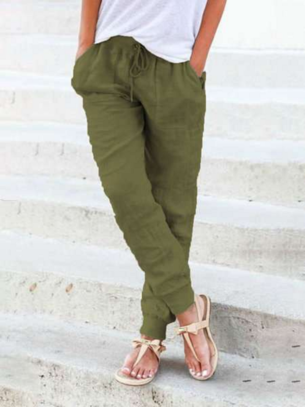Pantalones De lino y algodón con cintura ajustable para Mujer, ropa De verano