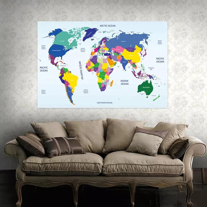 Mapa del mundo colorido no tejido, placa de país de 150x100cm, pegatina de pared de gran tamaño, póster para oficina, escuela, educación, decoración de pared