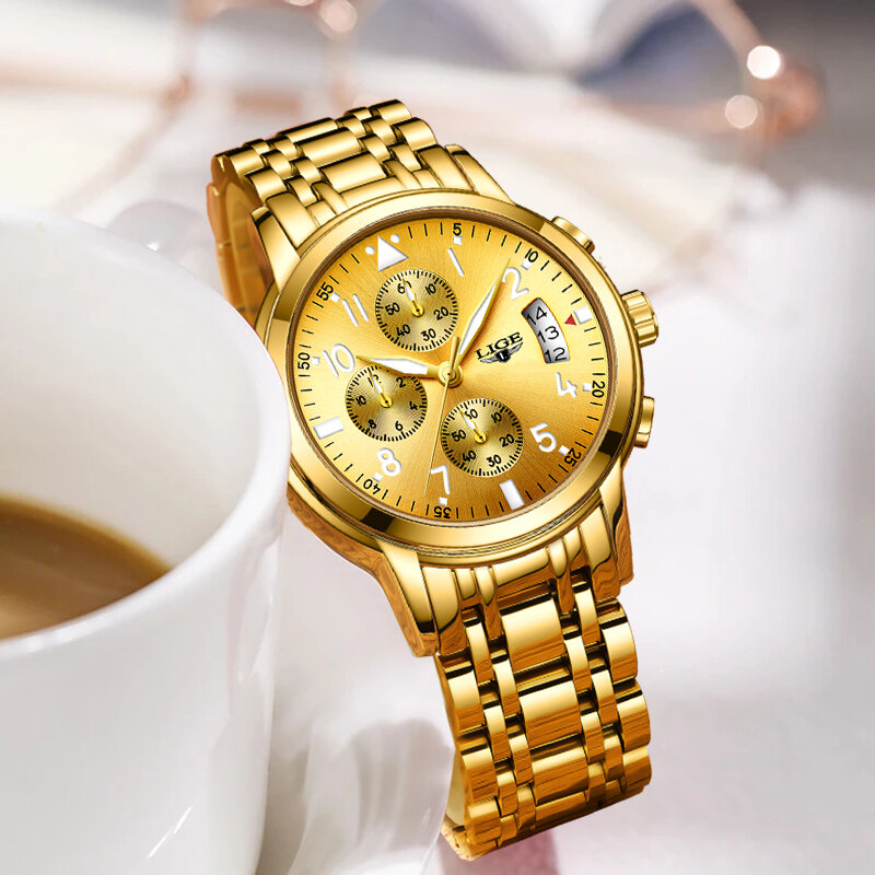 LIGE 2023 Mode Gold Uhr Frauen Uhr Damen Kreative Stahl frauen Armband Uhren Weibliche Wasserdichte Uhr Relogio Feminino
