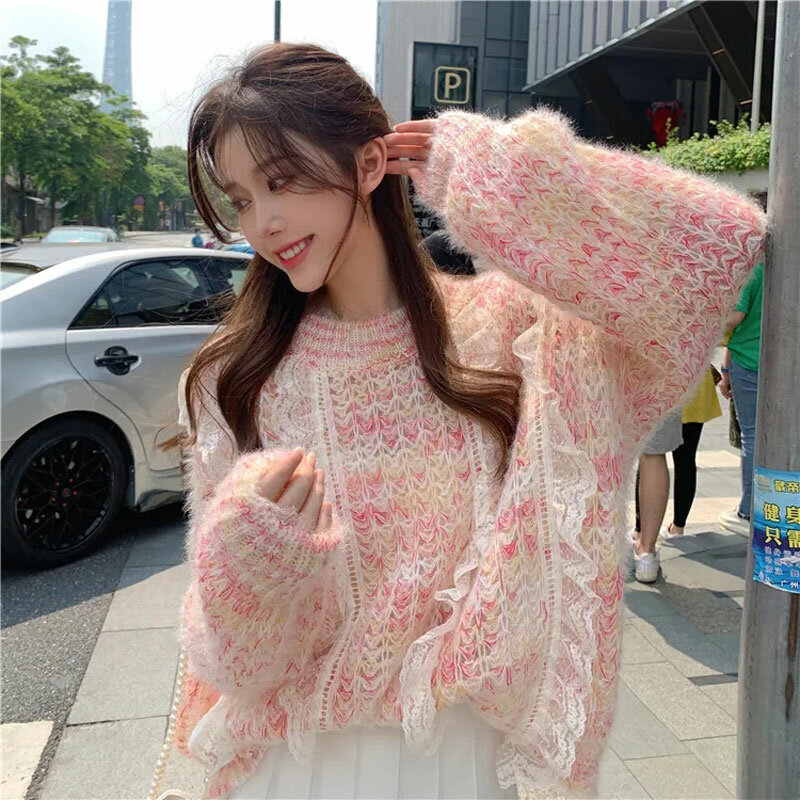 Spring Fall Goth Lolita Sweater Women Sweet Lace Tie Dye Knitted Top Korean Fashion Kawaii Knitwear Sweaters Girly Y2k Clothes