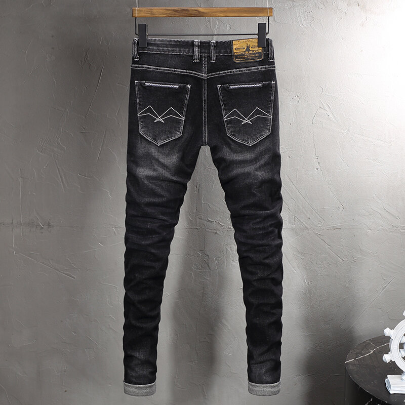 Модные мужские джинсы в итальянском стиле, высококачественные эластичные облегающие винтажные джинсы в стиле ретро, черные, серые, повседневные джинсовые брюки