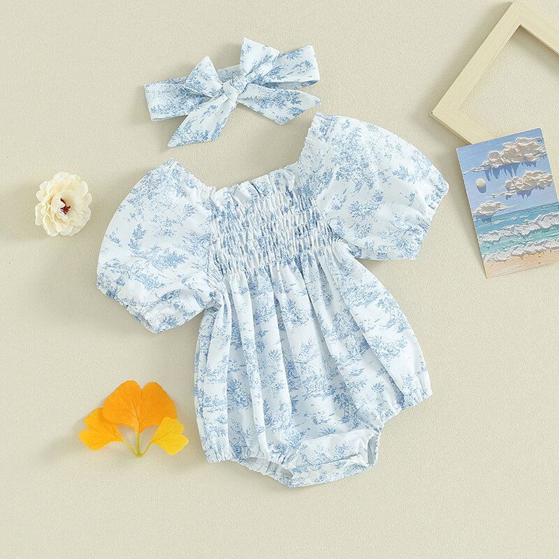 lioraitiin 0-18M Summer Baby Girls Rompers Floral Print Ruched Puff Sleeve Clothes Infant Jumpsuits with Headband