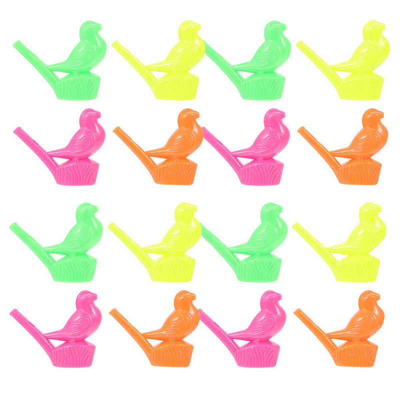 Apitos de flauta aquática para adultos e crianças em forma de pássaro, trem, adereços de desenhos animados, festa plástica, instrumento musical engraçado, 16 peças