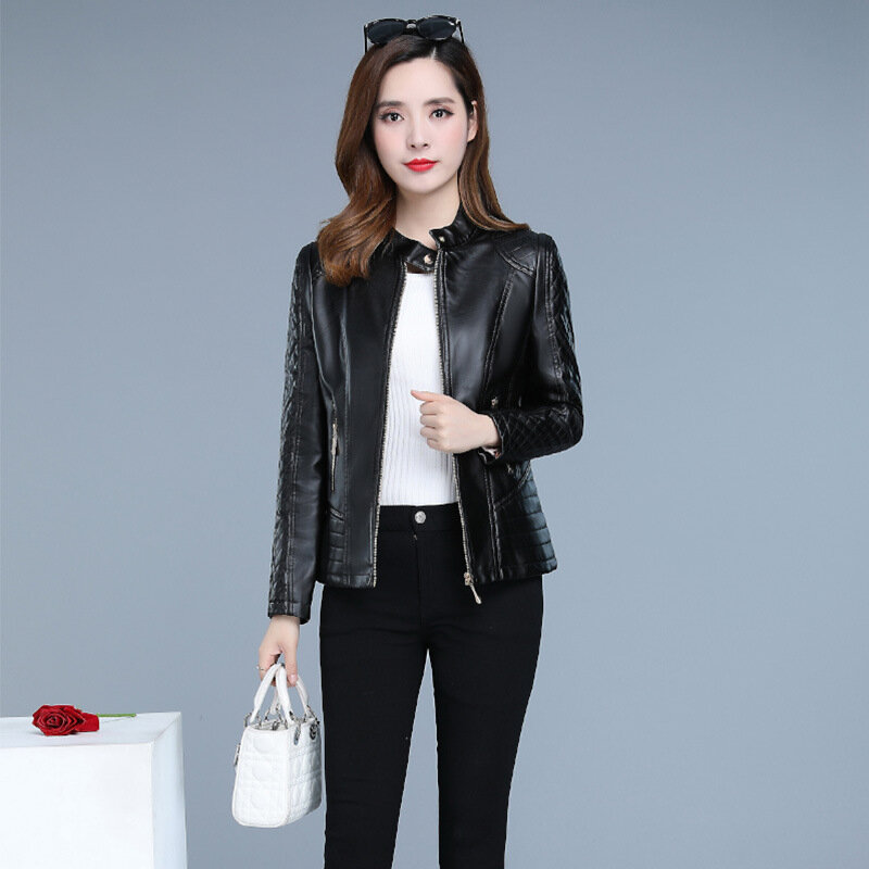 ZXRYXGS-abrigo de cuero Pu Premium OL para mujer, chaqueta de tendencia con cremallera, cuello de pie corto, coreano, 2023