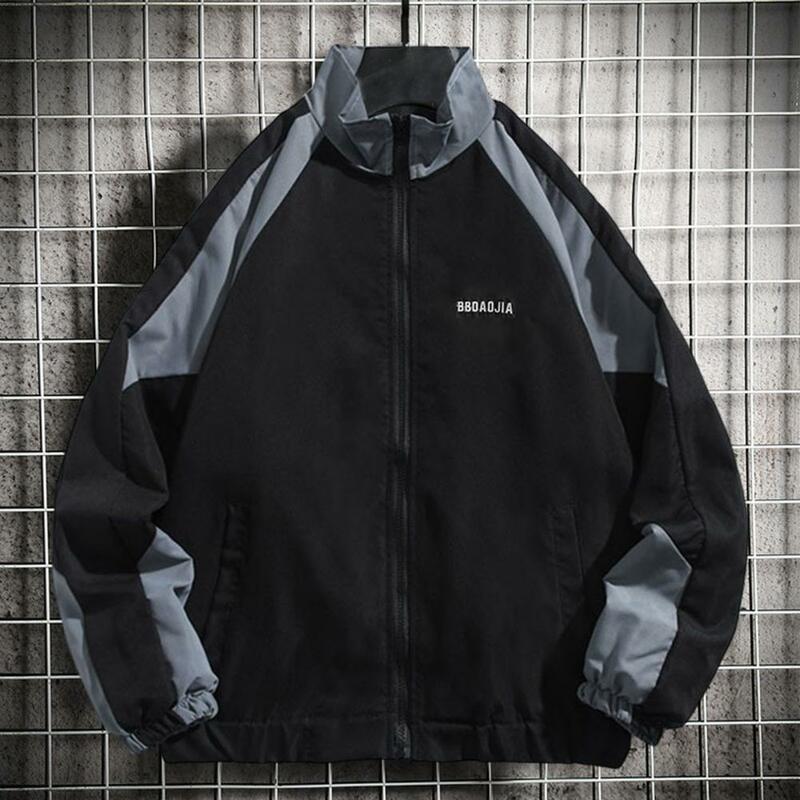Winter Jacket Patchwork Color Long Sleeve Machine Washable Zipper Closure Keep Warm Autumn Baseball Unisex Casual Streetwear