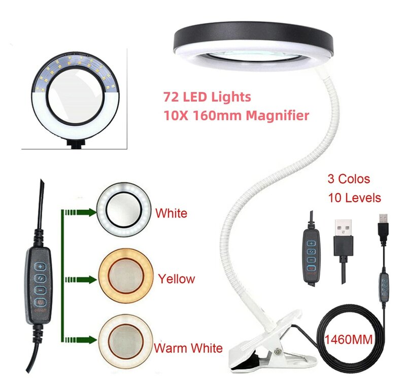 72LED 10X ใหม่แว่นขยาย USB 3สี LED แว่นขยายสำหรับเครื่องเชื่อมเหล็กซ่อม/โคมไฟ/Skincare เครื่องมือความงาม