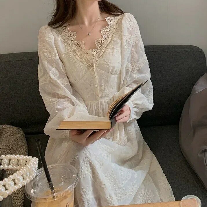Women's Spring Autumn Nightdress Solid Lace Patchwork Long Sleeve Ladies Nightgown V Neck Korea Style Nightwear for Female