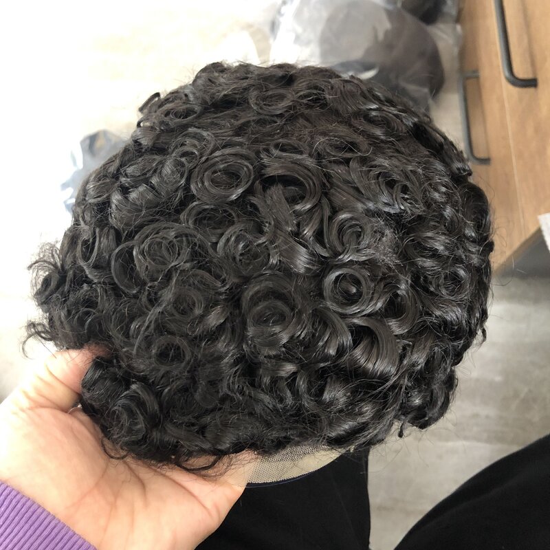 Breathable Invisible Knots Full French Lace Base Men Toupee Human Hair 20mm Curly Afo Black Man Hairpieces Prosthesis System Wig