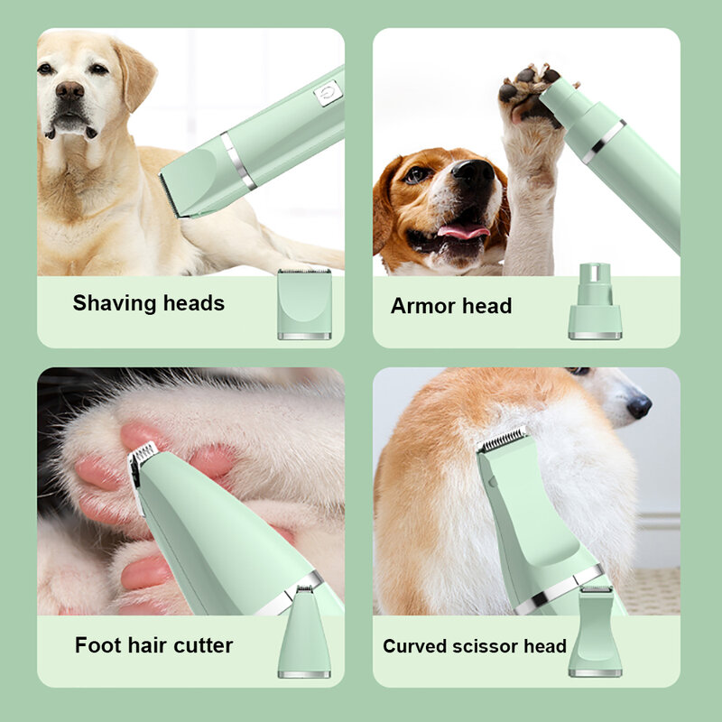 Aparador de pêlos elétrico, 4 em 1, 5V, USB, 4 lâminas, profissional recarregável, corte de cabelo para cães, Cat Grooming Clipper, Nail Grinder