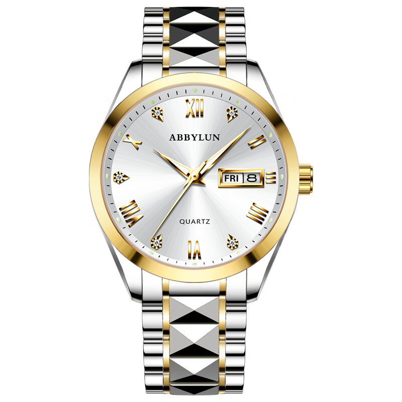 ABBYLUN 985 Men Quartz Watch Fashion Leisure Simple Diamond Date Stainless Steel Strap Wristwatches for Male Clock Brithday Gift