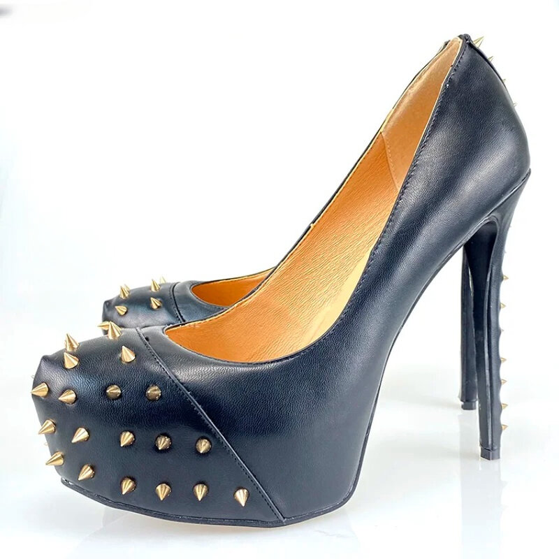 2024 Handmade Women Pumps Sexy Studs Stiletto Heels Round Toe Black Club Wear Shoes Women US Size 5-20