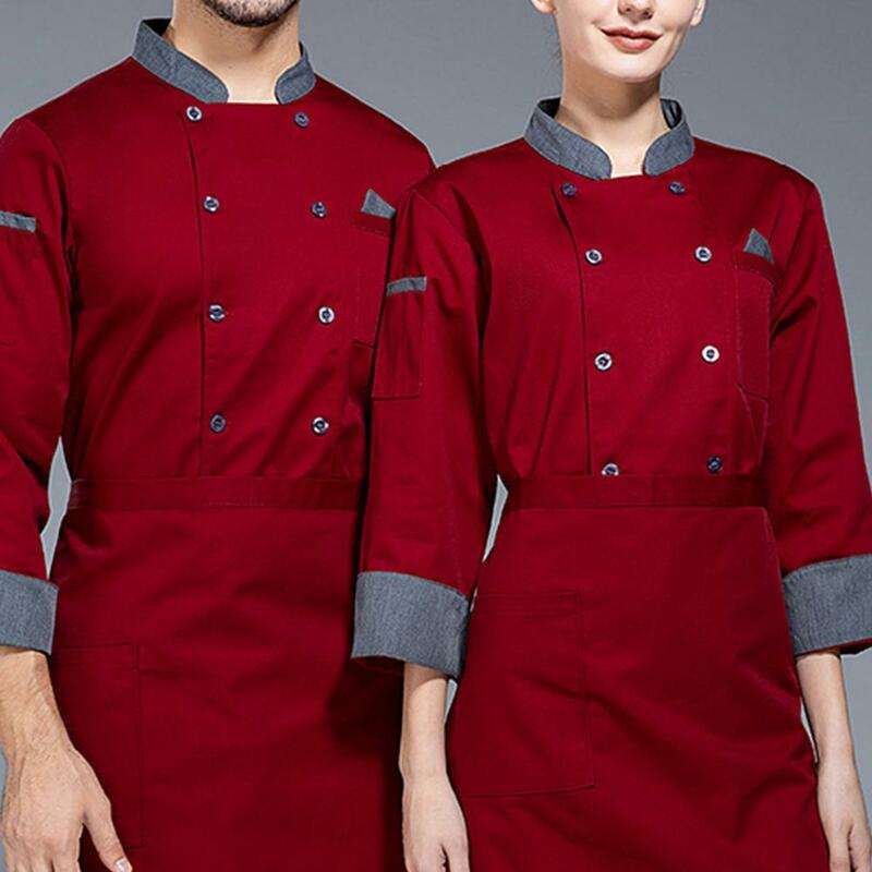 Cómodo uniforme de Chef profesional, chaqueta de Chef de doble botonadura con cuello levantado, diseño de bolsillo, manga larga para restaurante