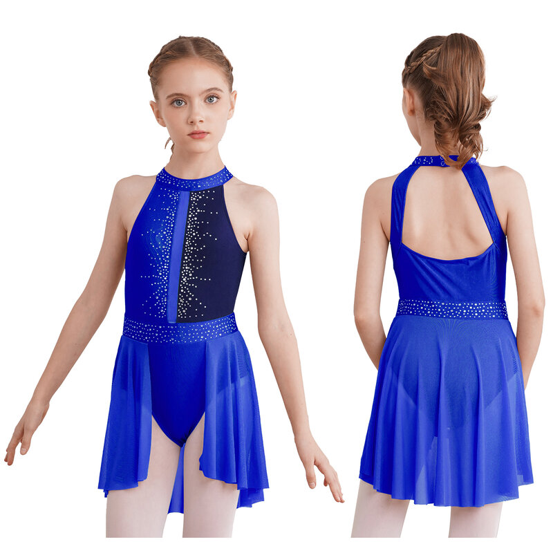 Gaun Dansa Liris Anak Perempuan 6-16Y Gambar Leotard Balet Pakaian Tari Pertunjukan Senam Skating Tanpa Lengan Tutu Berlian Imitasi Berkilau