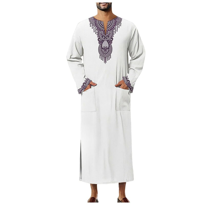 เสื้อผ้ามุสลิมแฟชั่น2024เสื้อแขนยาวผู้ชายคอวีผ้าโพลีเอสเตอร์พิมพ์ลาย jubba thobe
