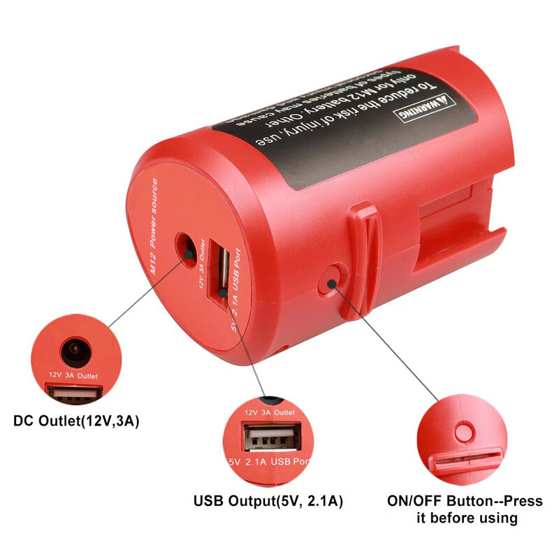 1/2 szt. Zasilacz USB do baterii litowo-jonowej 12V Milwaukee przenośne źródło zasilania Adapter z portem USB 2.1A i 12V DC