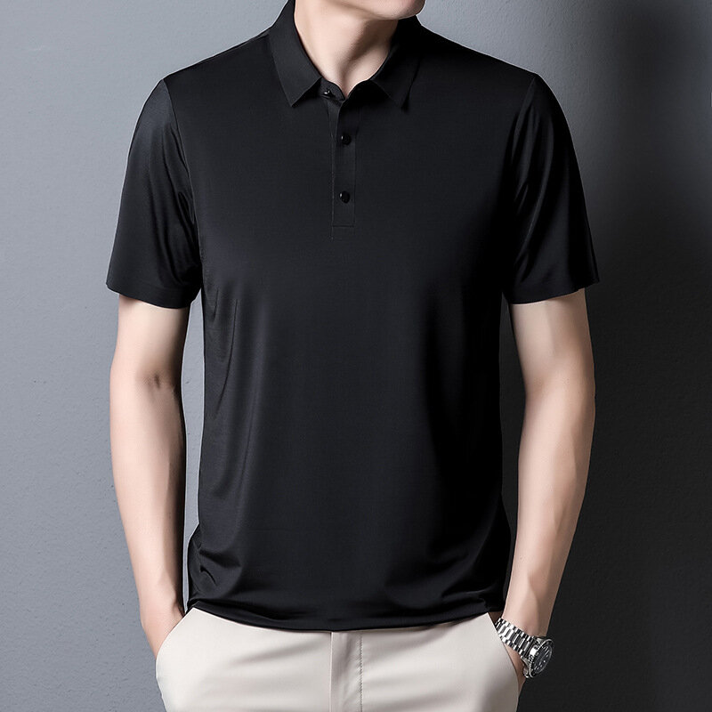 2023 letnia nowa moda męska jednokolorowa koszulka z krótkim rękawem lodowy jedwab oddychająca męska biznesowa koszulka Polo
